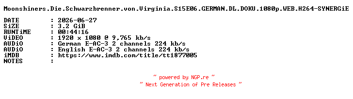 NFO for the release Moonshiners.Die.Schwarzbrenner.von.Virginia.S15E06.GERMAN.DL.DOKU.1080p.WEB.H264-SYNERGiE by SYNERGiE