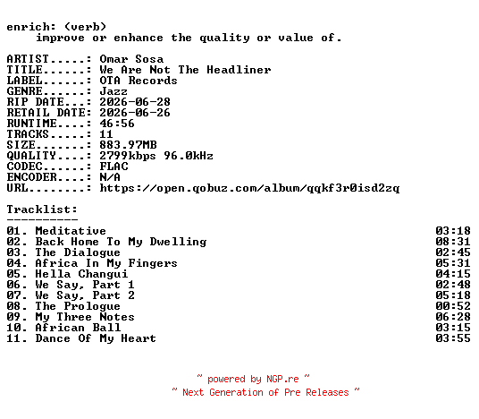 NFO for the release Omar_Sosa-We_Are_Not_The_Headliner-24BIT-WEB-FLAC-2026-ENRiCH by ENRiCH