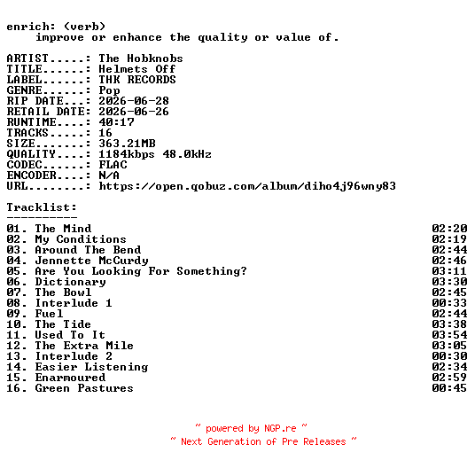 NFO for the release The_Hobknobs-Helmets_Off-24BIT-WEB-FLAC-2026-ENRiCH by ENRiCH
