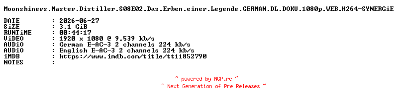 NFO for the release Moonshiners.Master.Distiller.S08E02.Das.Erben.einer.Legende.GERMAN.DL.DOKU.1080p.WEB.H264-SYNERGiE by SYNERGiE