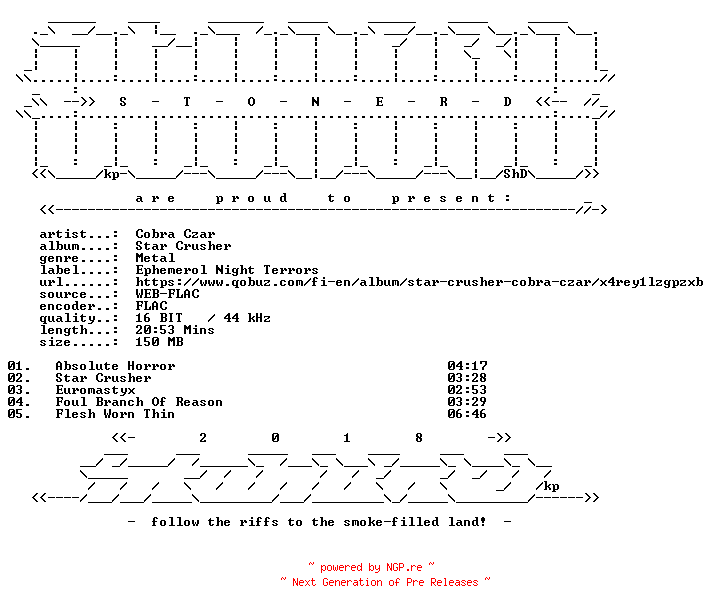 NFO for the release Cobra_Czar-Star_Crusher-16BIT-WEB-FLAC-2022-STONERD by STONERD