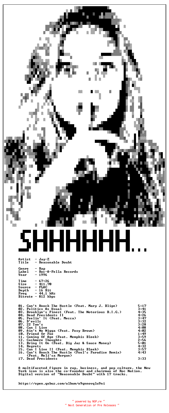 NFO for the release Jay-Z-Reasonable_Doubt-16BIT-WEB-FLAC-1996-SHHHHHH by SHHHHHH