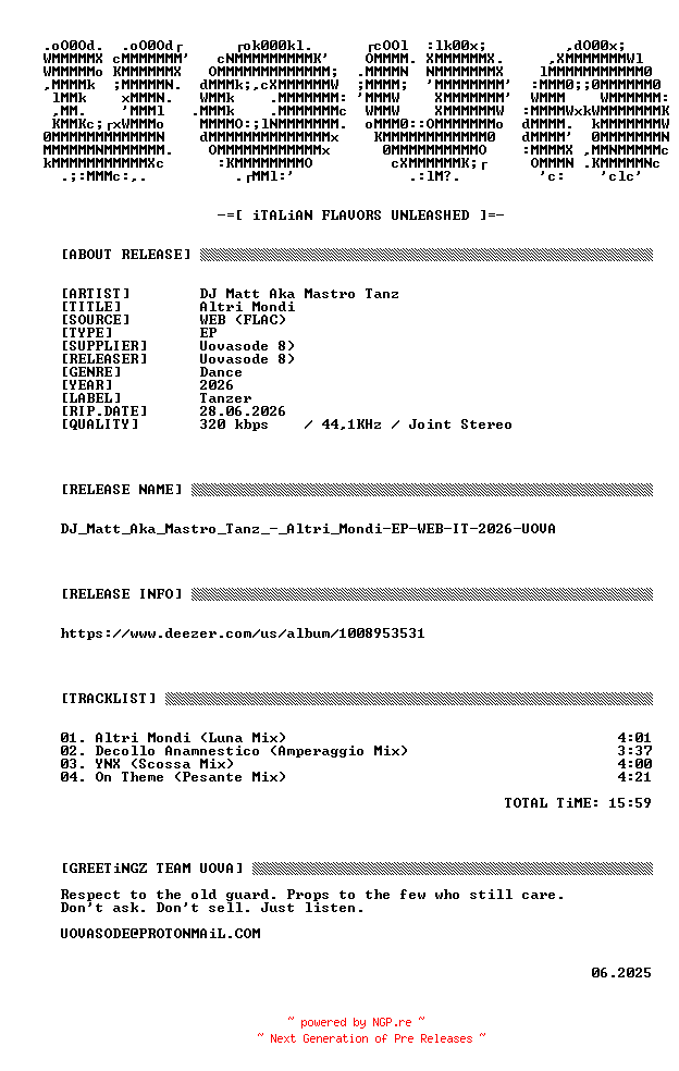 NFO for the release DJ_Matt_Aka_Mastro_Tanz_-_Altri_Mondi-EP-WEB-IT-2026-UOVA by UOVA