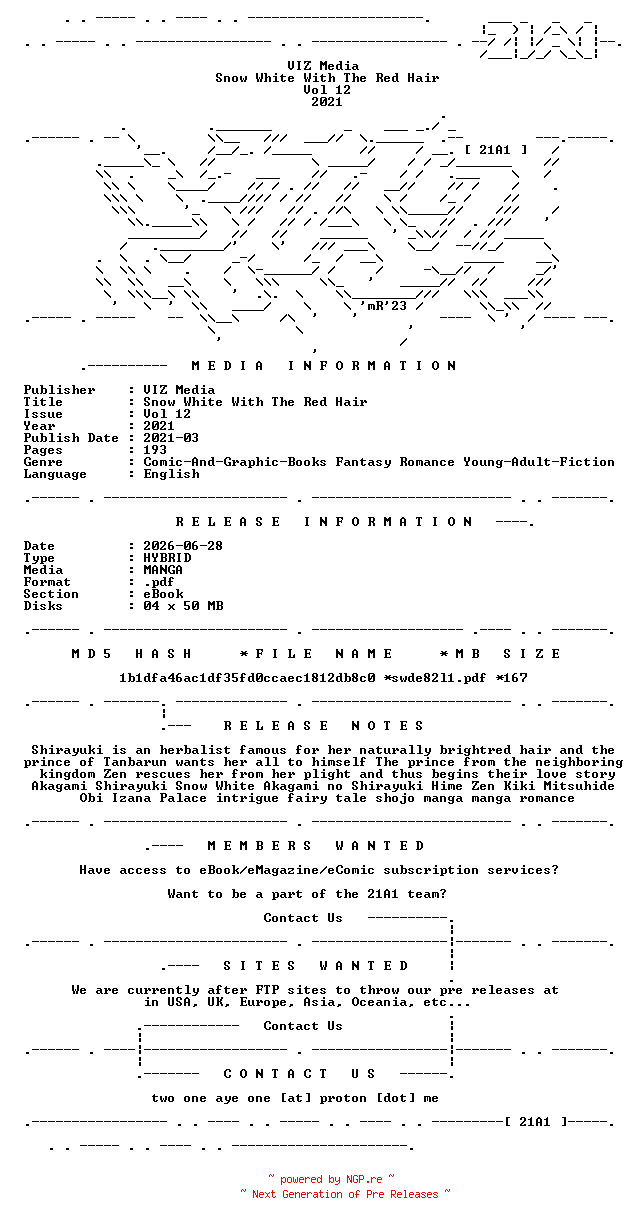 NFO for the release VIZ.Media.-.Snow.White.With.The.Red.Hair.Vol.12.2021.HYBRID.MANGA.eBook-21A1 by 21A1
