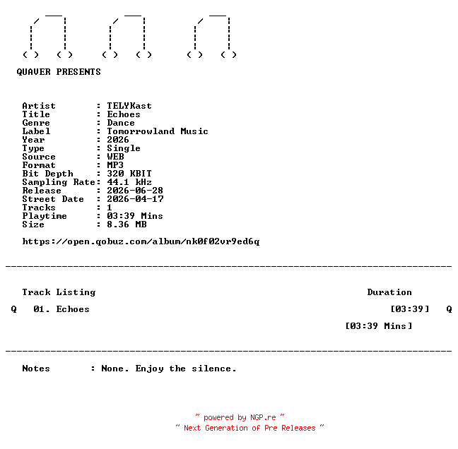 NFO for the release TELYKast-Echoes-SINGLE-WEB-2026-QUAVER by QUAVER