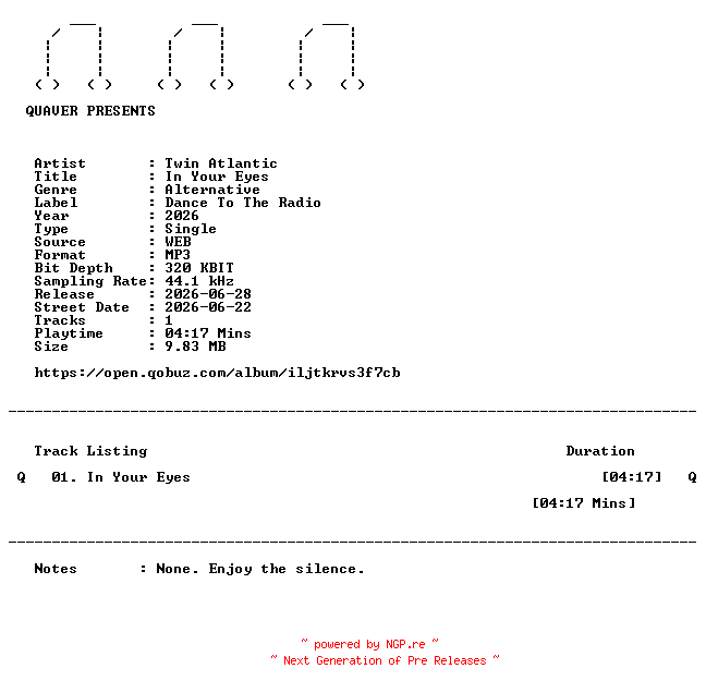 NFO for the release Twin_Atlantic-In_Your_Eyes-SINGLE-WEB-2026-QUAVER by QUAVER