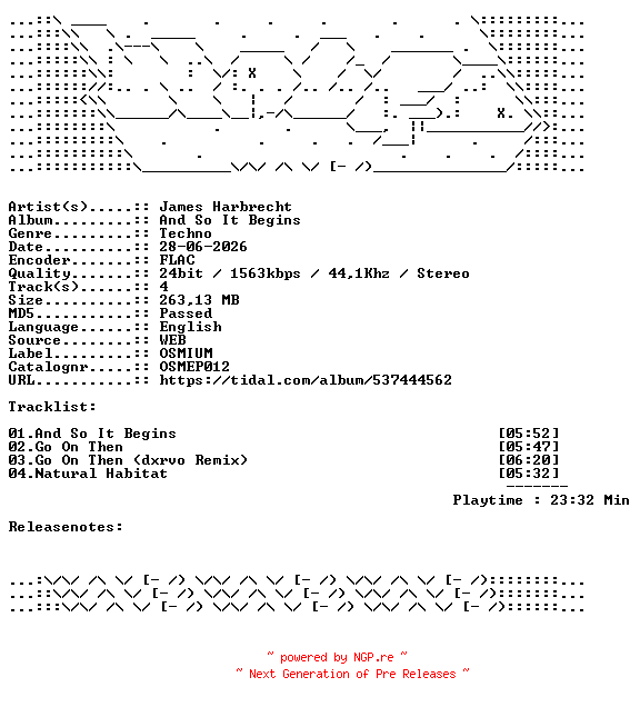 NFO for the release James_Harbrecht-And_So_It_Begins-OSMEP012-24BIT-WEB-FLAC-2026-WAVED by WAVED
