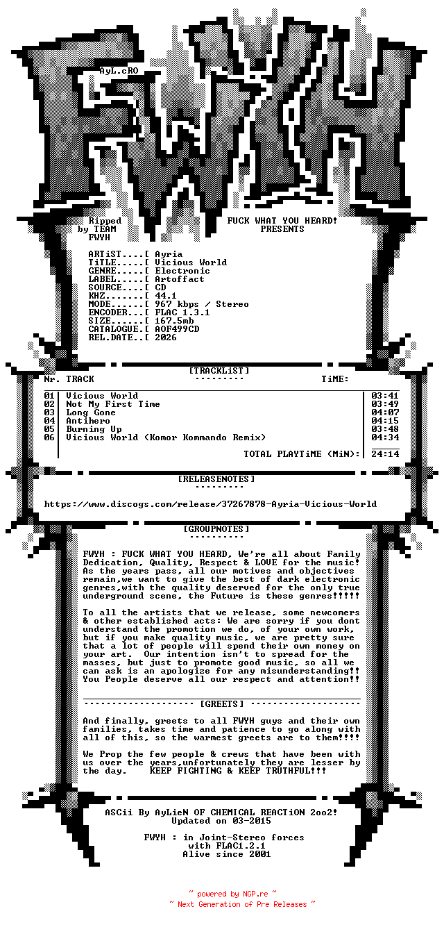 NFO for the release Ayria-Vicious_World-CDEP-FLAC-2026-FWYH by FWYH