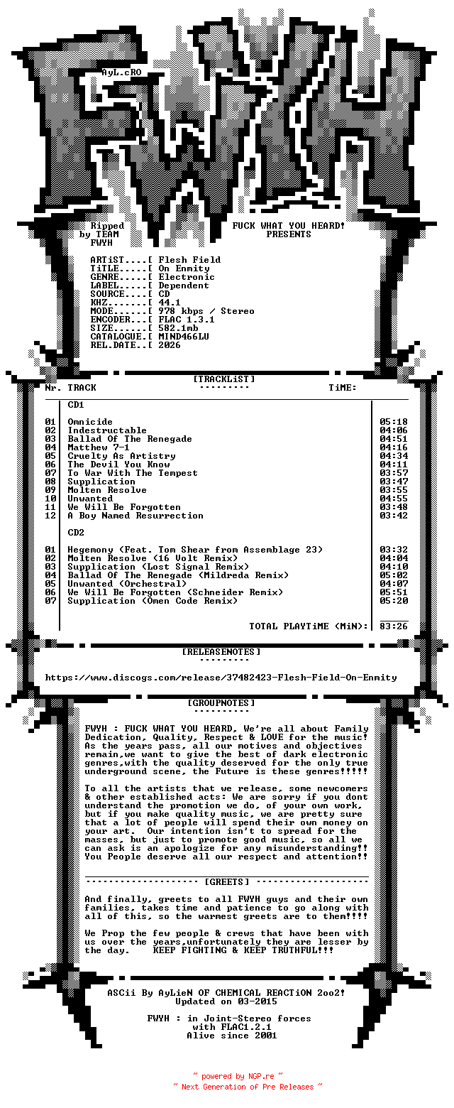 NFO for the release Flesh_Field-On_Enmity-Limited_Edition-2CD-FLAC-2026-FWYH by FWYH