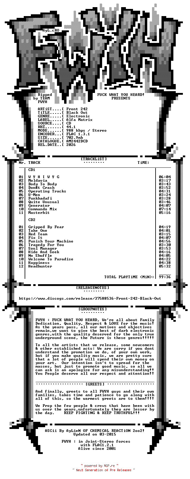 NFO for the release Front_242-Black_Out-2CD-FLAC-2026-FWYH by FWYH