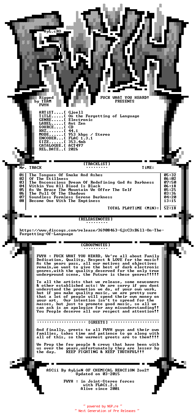 NFO for the release Gjoell-On_The_Forgetting_Of_Language-CD-FLAC-2026-FWYH by FWYH