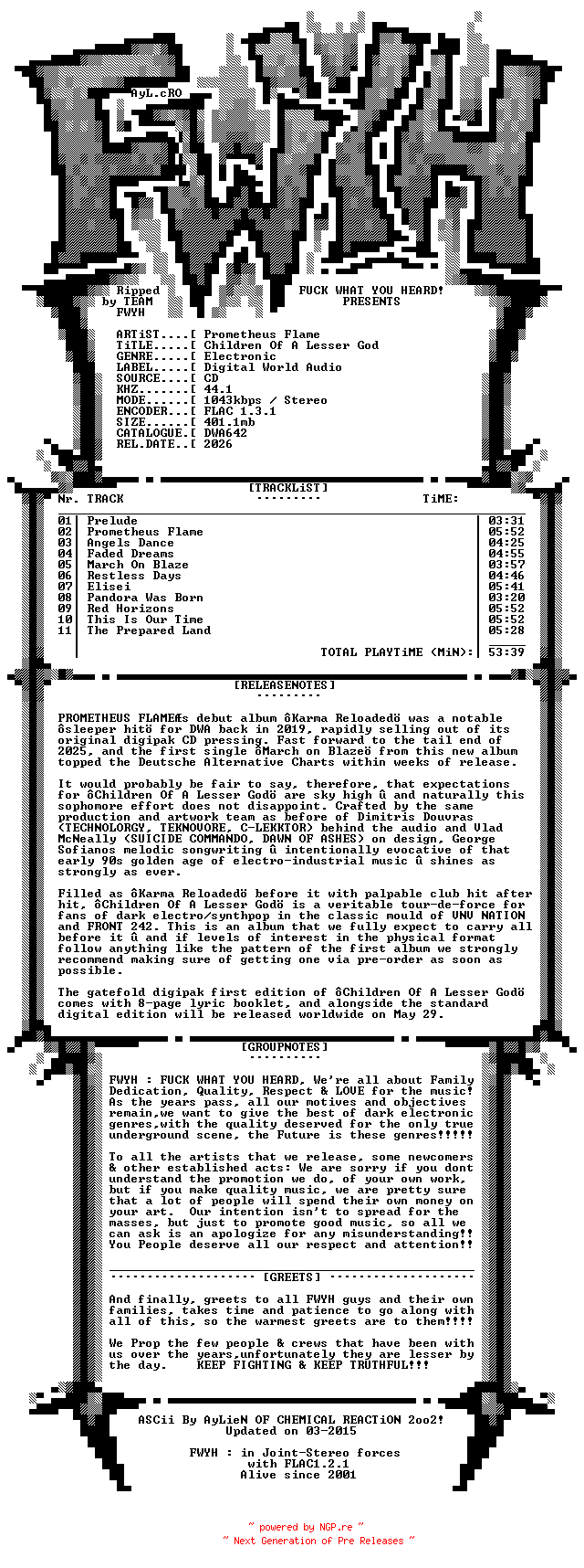 NFO for the release Prometheus_Flame-Children_Of_A_Lesser_God-Limited_Edition-CD-FLAC-2026-FWYH by FWYH