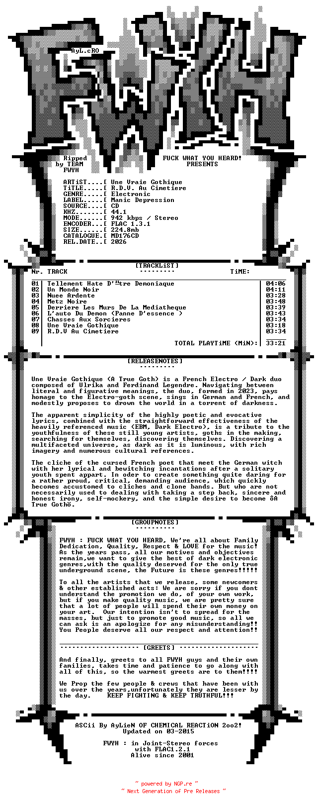 NFO for the release Une_Vraie_Gothique-R.D.V._Au_Cimetiere-FR-CD-FLAC-2026-FWYH by FWYH