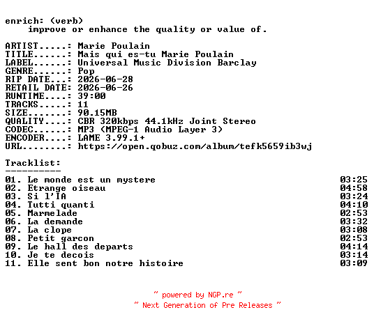 NFO for the release Marie_Poulain-Mais_qui_es-tu_Marie_Poulain-WEB-FR-2026-ENRiCH by ENRiCH
