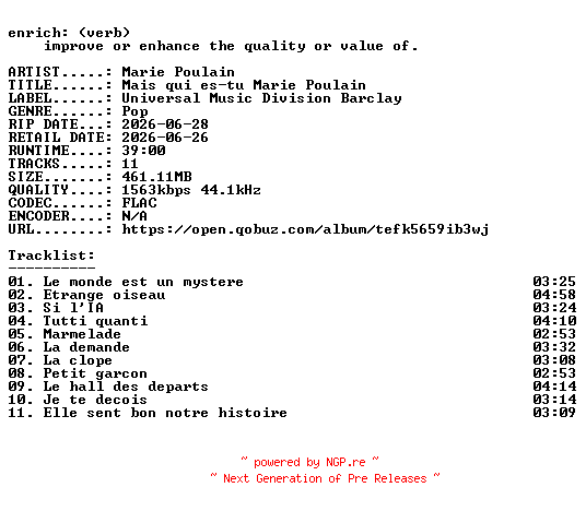 NFO for the release Marie_Poulain-Mais_qui_es-tu_Marie_Poulain-FR-24BIT-WEB-FLAC-2026-ENRiCH by ENRiCH