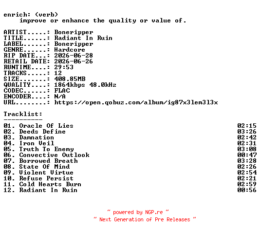 NFO for the release Boneripper-Radiant_In_Ruin-24BIT-WEB-FLAC-2026-ENRiCH by ENRiCH