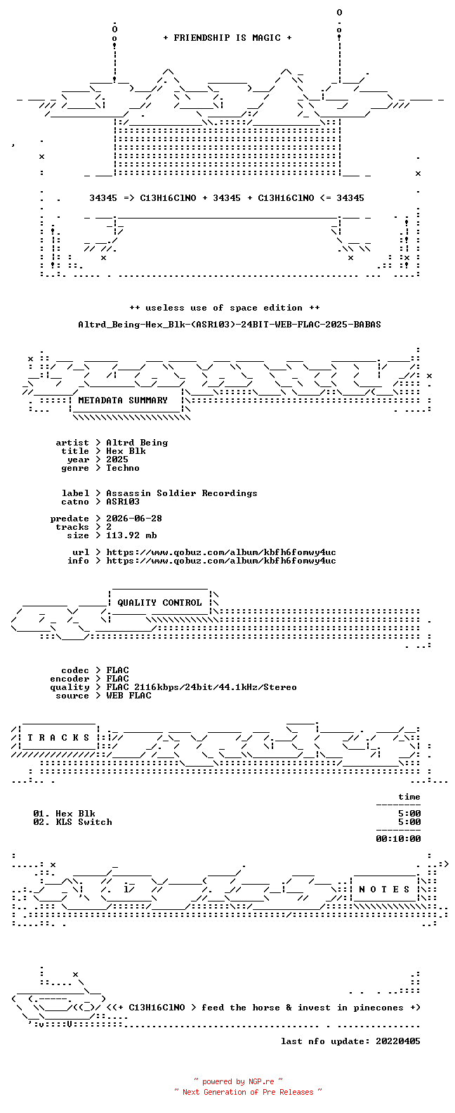 NFO for the release Altrd_Being-Hex_Blk-(ASR103)-24BIT-WEB-FLAC-2025-BABAS by BABAS