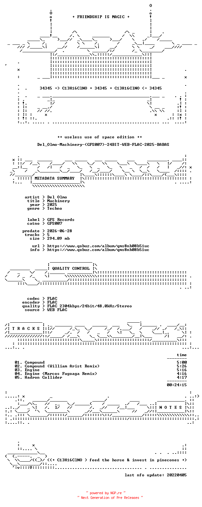 NFO for the release Del_Olmo-Machinery-(GFS007)-24BIT-WEB-FLAC-2025-BABAS by BABAS