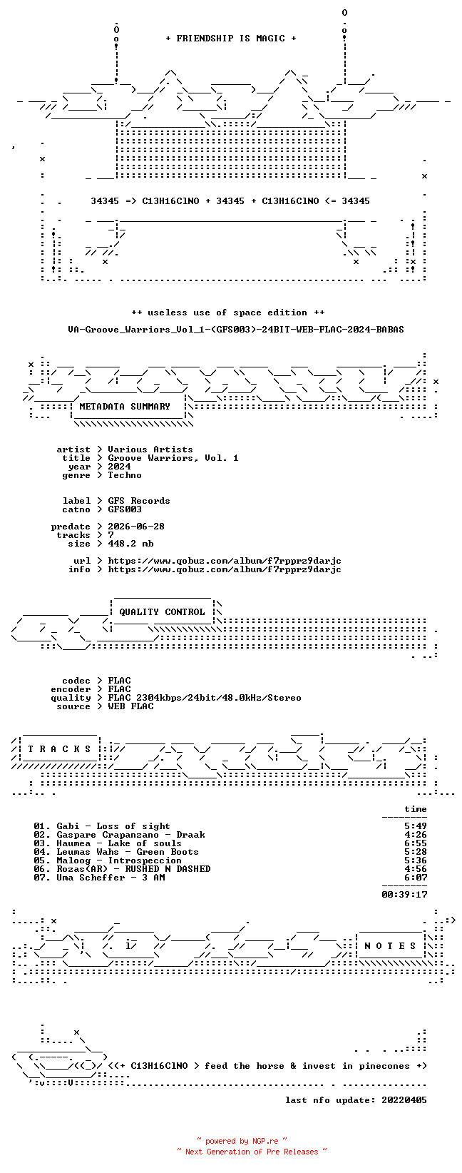 NFO for the release VA-Groove_Warriors_Vol_1-(GFS003)-24BIT-WEB-FLAC-2024-BABAS by BABAS
