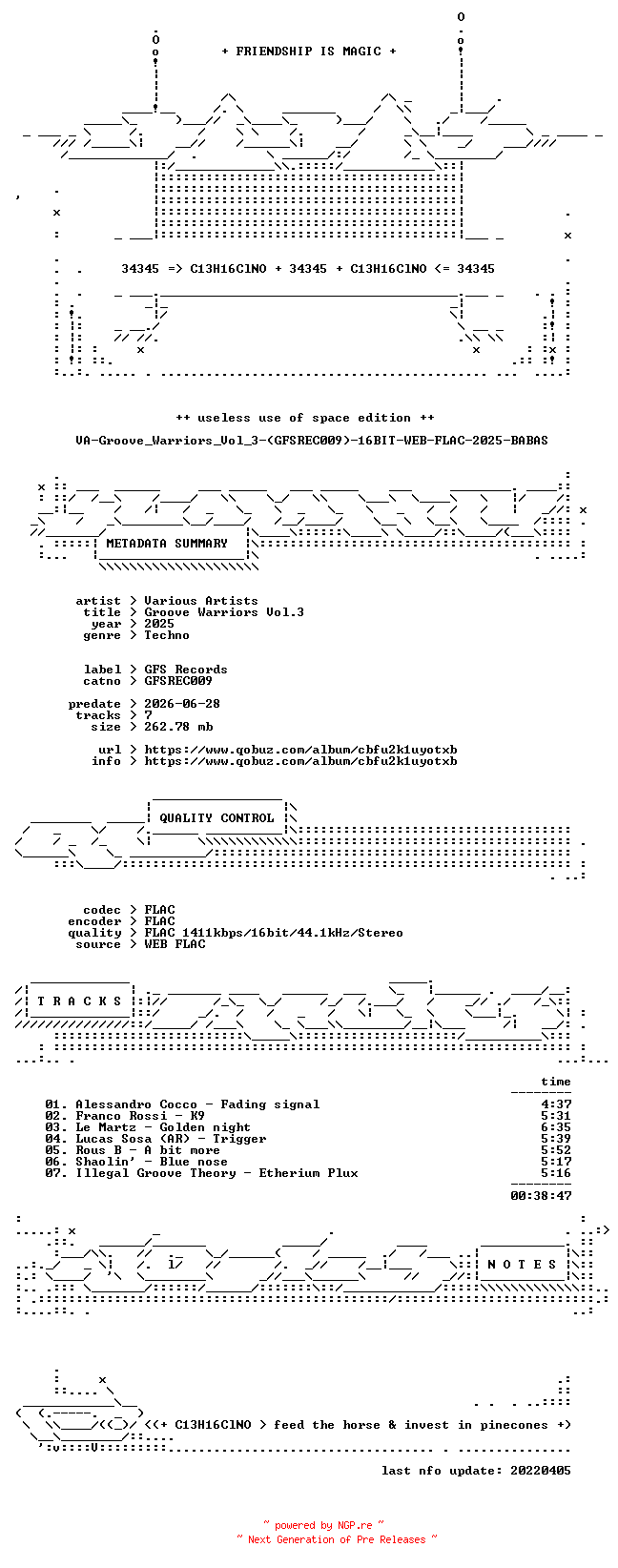 NFO for the release VA-Groove_Warriors_Vol_3-(GFSREC009)-16BIT-WEB-FLAC-2025-BABAS by BABAS