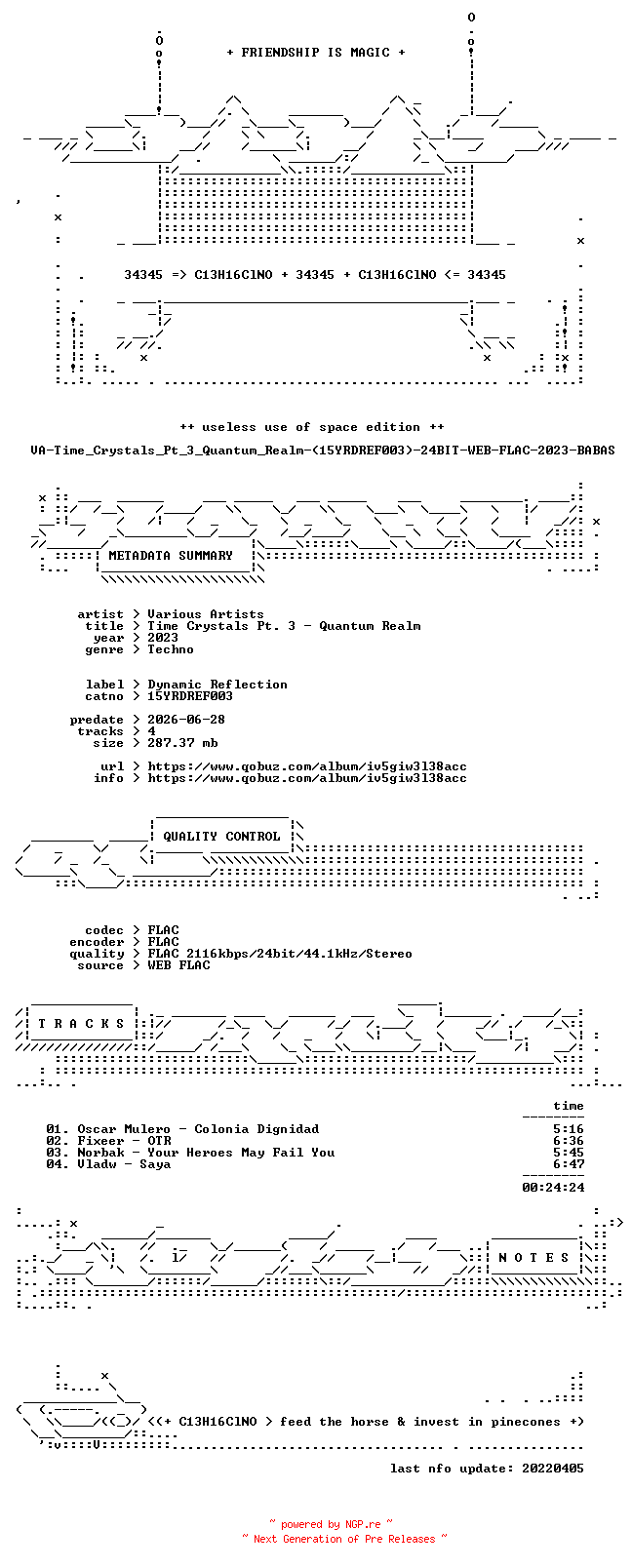 NFO for the release VA-Time_Crystals_Pt_3_Quantum_Realm-(15YRDREF003)-24BIT-WEB-FLAC-2023-BABAS by BABAS
