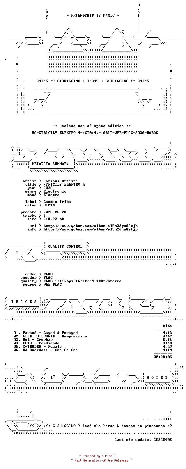 NFO for the release VA-XTRICTLY_ELEKTRO_4-(CT014)-16BIT-WEB-FLAC-2026-BABAS by BABAS
