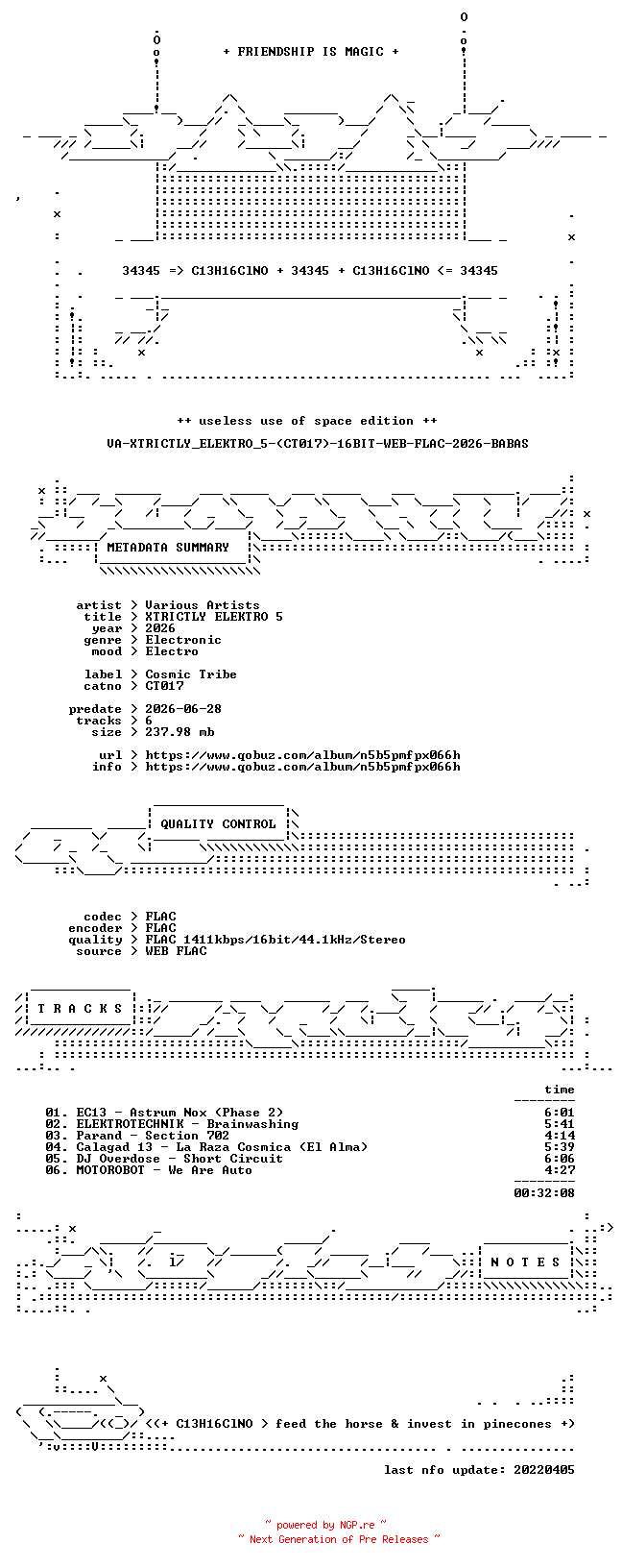 NFO for the release VA-XTRICTLY_ELEKTRO_5-(CT017)-16BIT-WEB-FLAC-2026-BABAS by BABAS