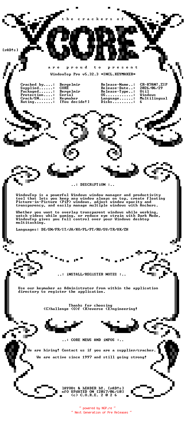 NFO for the release WindowTop.Pro.v5.32.3.x64.Multilingual.Incl.Keymaker-CORE by CORE