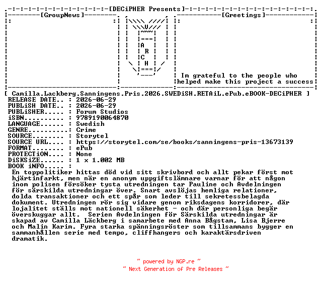 NFO for the release Camilla.Lackberg.Sanningens.Pris.2026.SWEDiSH.RETAiL.ePub.eBOOK-DECiPHER by DECiPHER