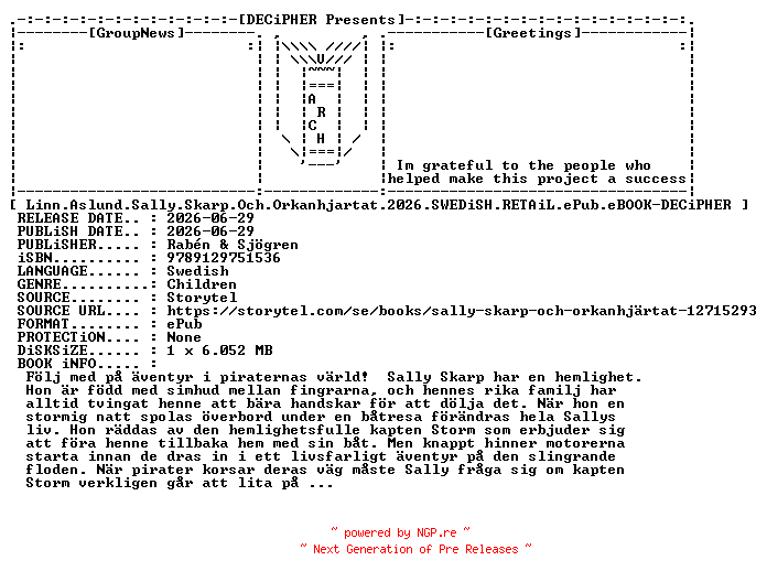 NFO for the release Linn.Aslund.Sally.Skarp.Och.Orkanhjartat.2026.SWEDiSH.RETAiL.ePub.eBOOK-DECiPHER by DECiPHER