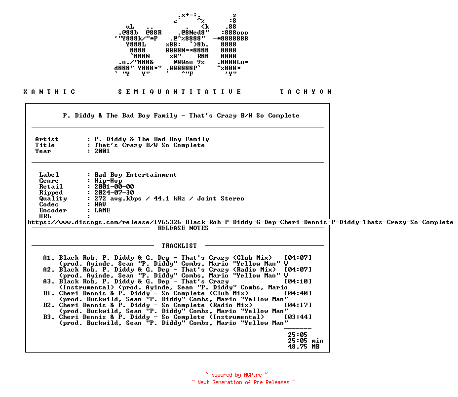 NFO for the release P._Diddy_And_The_Bad_Boy_Family-Thats_Crazy_BW_So_Complete-(7087-6-15725-1-3)-Promo_VLS-2001-xST by xST