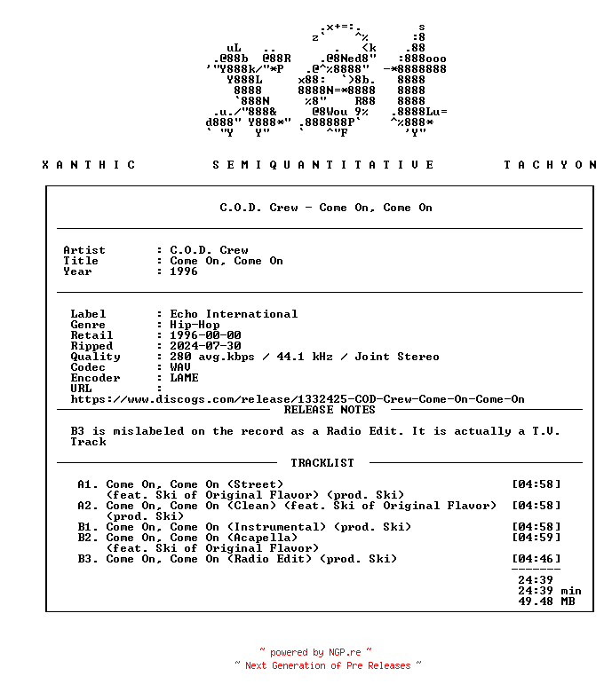 NFO for the release C.O.D._Crew-Come_On_Come_On-(ECHO-1270)-VLS-1996-xST by xST