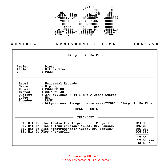 NFO for the release Dirty-Hit_Da_Floe-(UNIR_20365-1)-Promo_VLS-2000-xST by xST