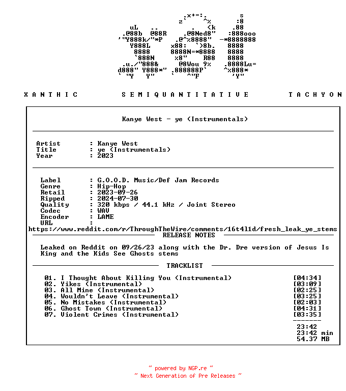NFO for the release Kanye_West-ye_(Instrumentals)-WEB-2023-xST_INT by xST_INT