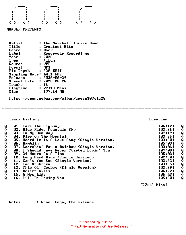 NFO for the release The_Marshall_Tucker_Band-Greatest_Hits-REMASTERED-WEB-2026-QUAVER by QUAVER