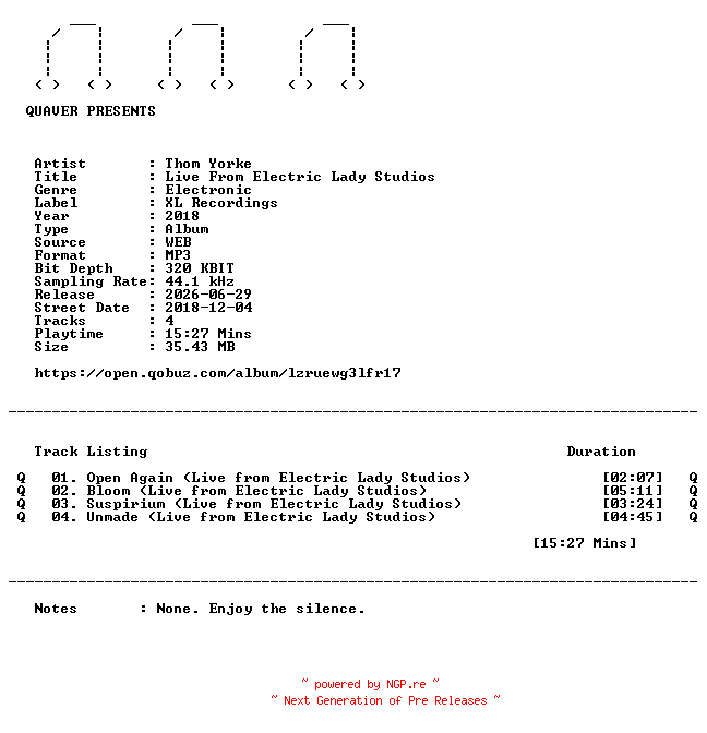 NFO for the release Thom_Yorke-Live_From_Electric_Lady_Studios-EP-WEB-2018-QUAVER by QUAVER