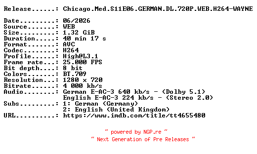 NFO for the release Chicago.Med.S11E06.GERMAN.DL.720P.WEB.H264-WAYNE by WAYNE