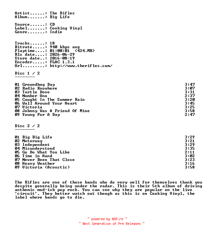 NFO for the release The_Rifles-Big_Life-2CD-FLAC-2016-401 by 401