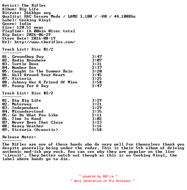 NFO for the release The_Rifles-Big_Life-2CD-2016-404 by 404