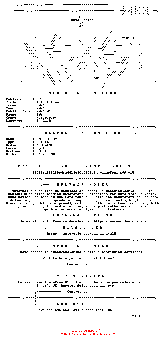 NFO for the release Auto.Action.D026.2026.RETAIL.MAGAZINE.INTERNAL.eBook-21A1 by 21A1