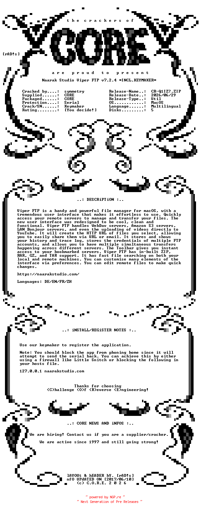 NFO for the release Naarak.Studio.Viper.FTP.v7.2.4.MacOS.UB.Multilingual.Incl.Keymaker-CORE by CORE