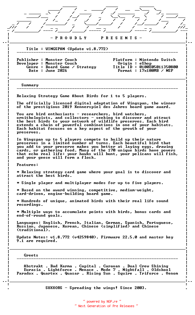 NFO for the release WINGSPAN_Update_v1.8.772_NSW-SUXXORS by SUXXORS