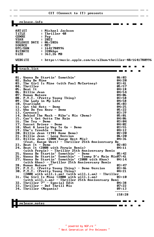 NFO for the release Michael_Jackson-Thriller_40-WEB-2022-CIT_INT by CIT_INT