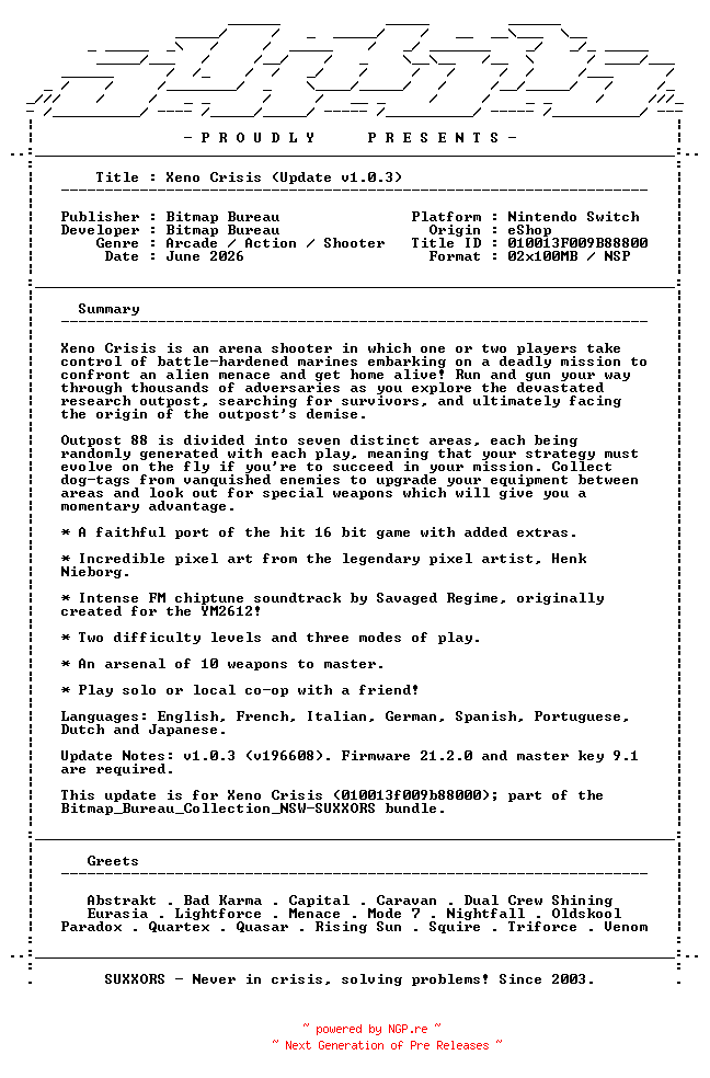 NFO for the release Xeno_Crisis_Update_v1.0.3_NSW-SUXXORS by SUXXORS