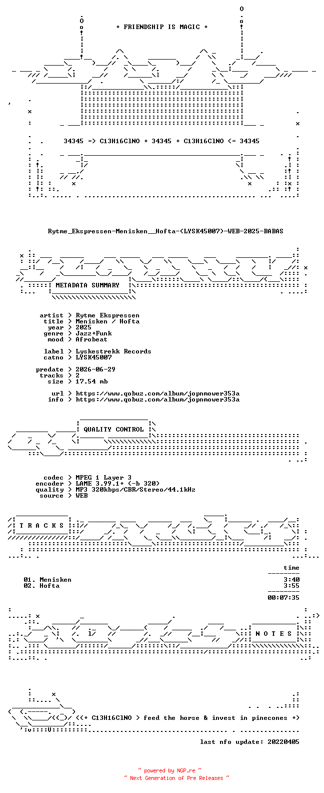 NFO for the release Rytme_Ekspressen-Menisken__Hofta-(LYSK45007)-WEB-2025-BABAS by BABAS