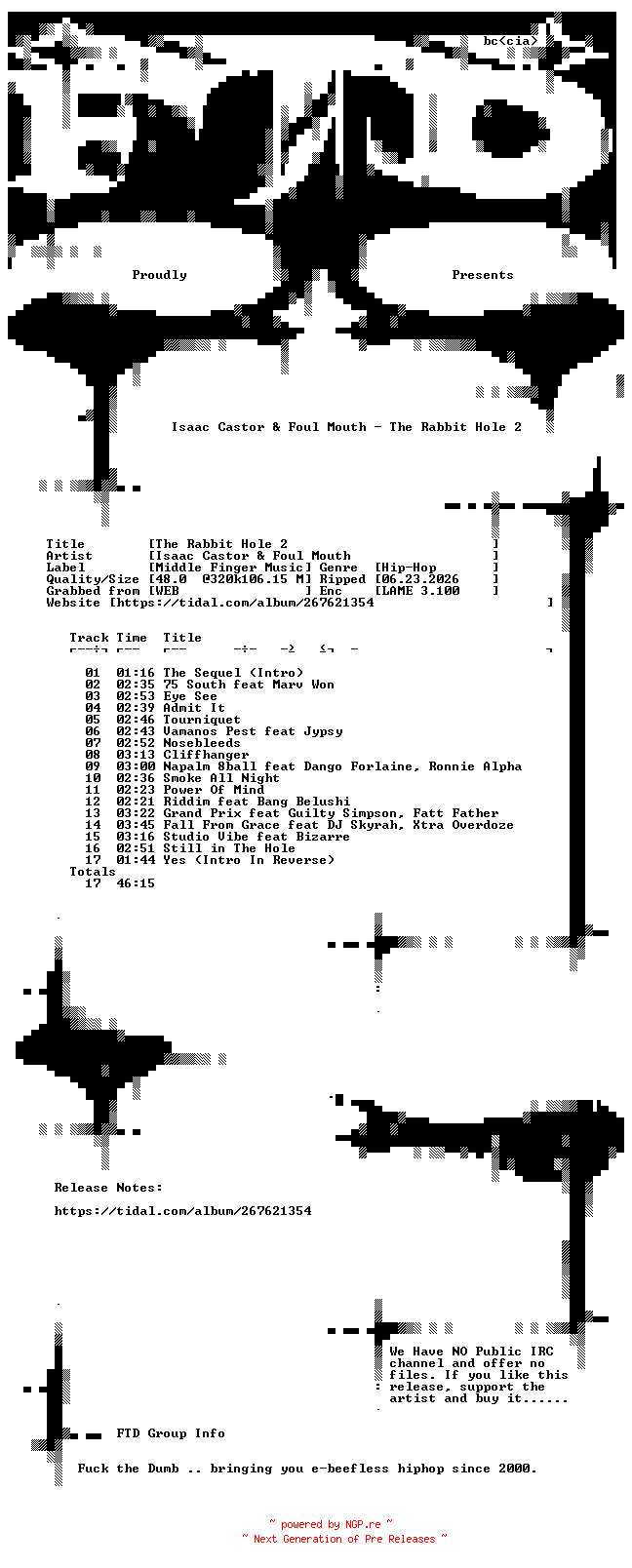 NFO for the release Isaac_Castor_and_Foul_Mouth-The_Rabbit_Hole_2-WEB-2023-FTD by FTD