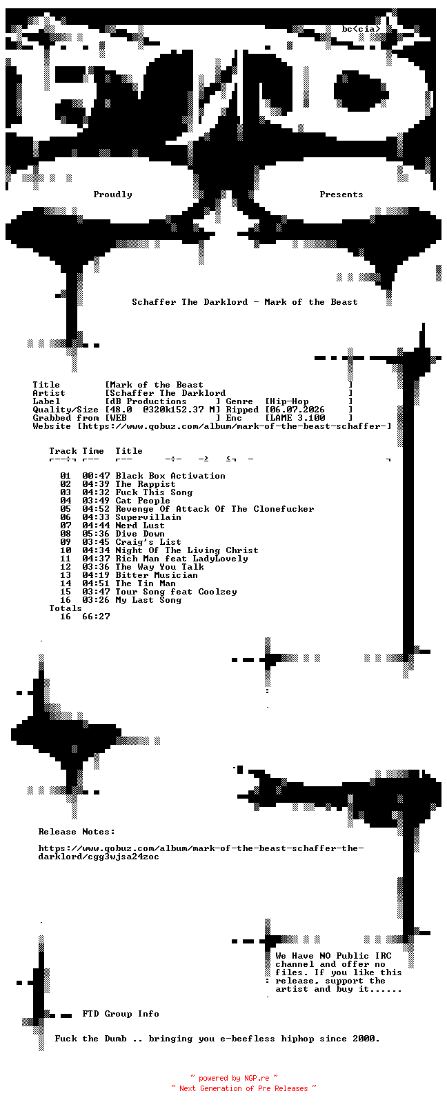 NFO for the release Schaffer_The_Darklord-Mark_of_the_Beast-WEB-2007-FTD by FTD