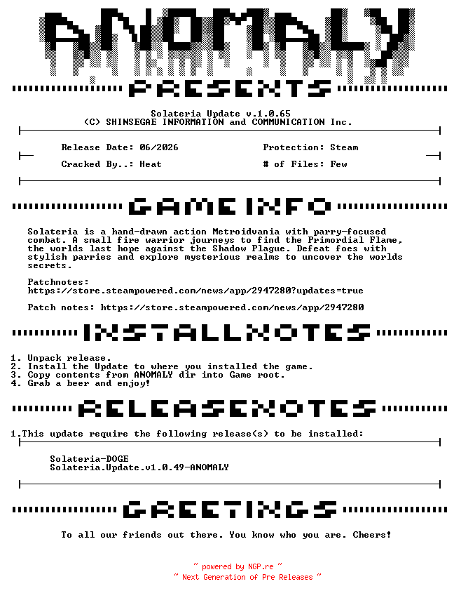NFO for the release Solateria.Update.v.1.0.65-ANOMALY by ANOMALY