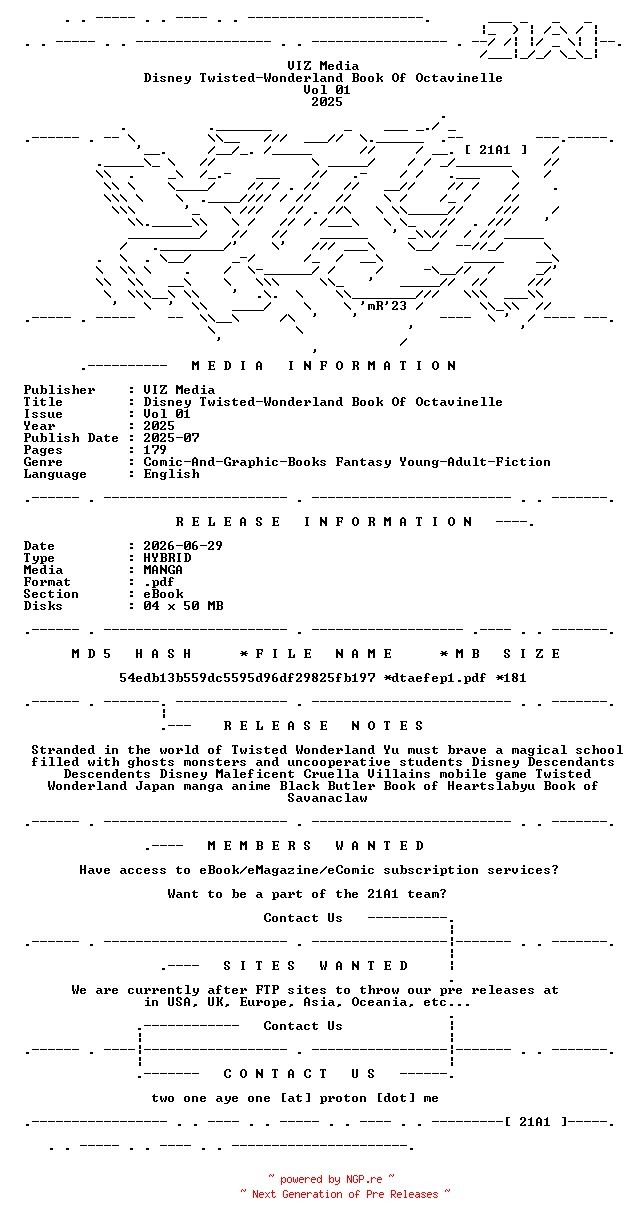 NFO for the release VIZ.Media.-.Disney.Twisted-Wonderland.Book.Of.Octavinelle.Vol.01.2025.HYBRID.MANGA.eBook-21A1 by 21A1