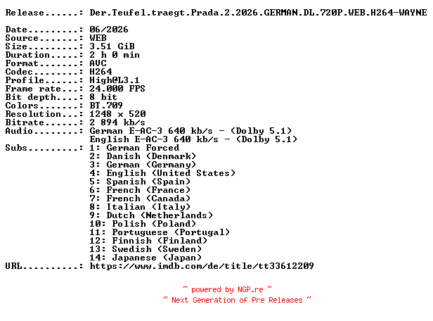 NFO for the release Der.Teufel.traegt.Prada.2.2026.GERMAN.DL.720P.WEB.H264-WAYNE by WAYNE